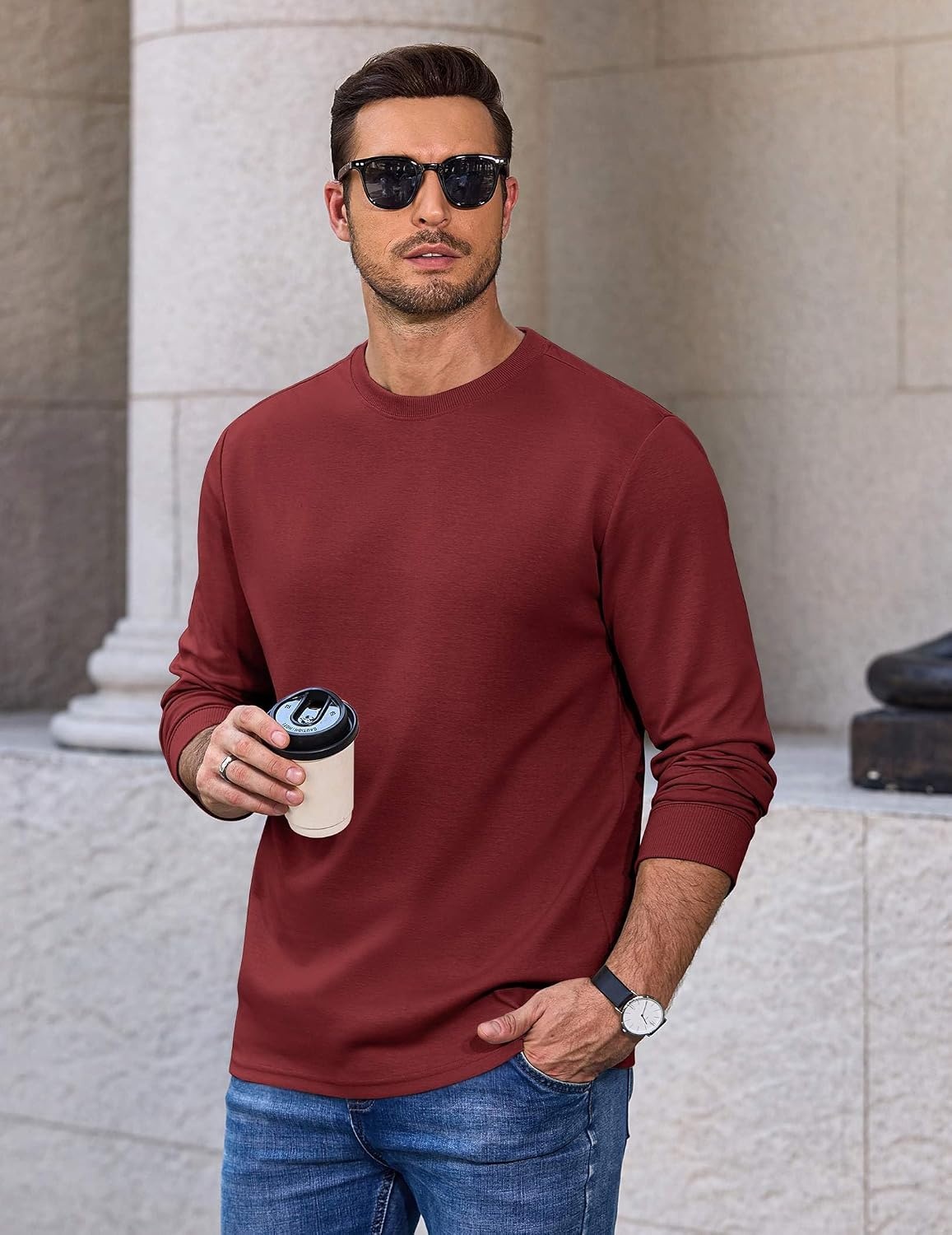 image:imageCOOFANDY Mens Long Sleeve Crew Neck T Shirts Cotton Pullover SweatshirtWine Red