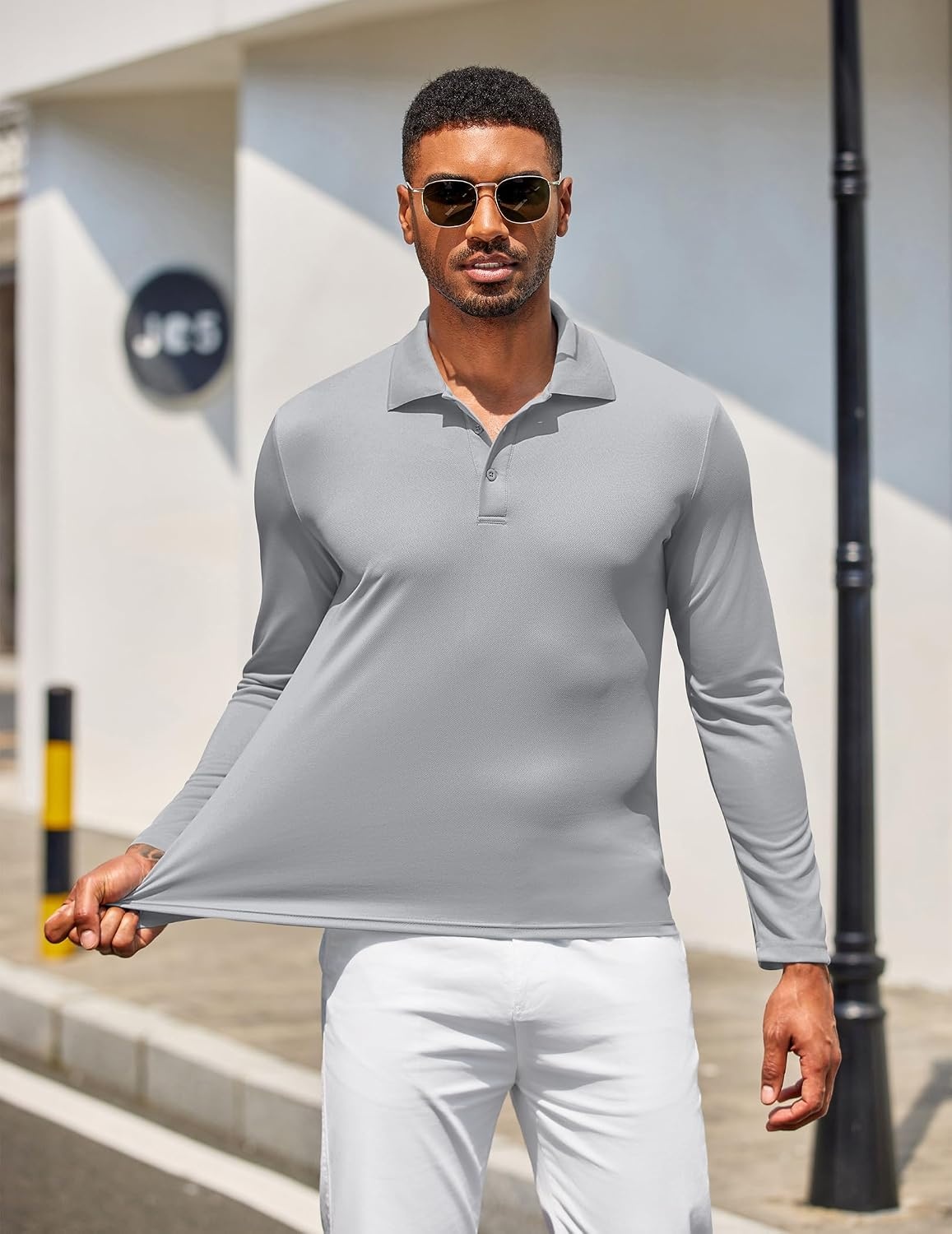 image:imageCOOFANDY Mens Long Sleeve Polo Shirt Golf Lightweight Breathable Moisture Wicking Shirt for Business Casual Work Outdoor1 Pack Light Grey