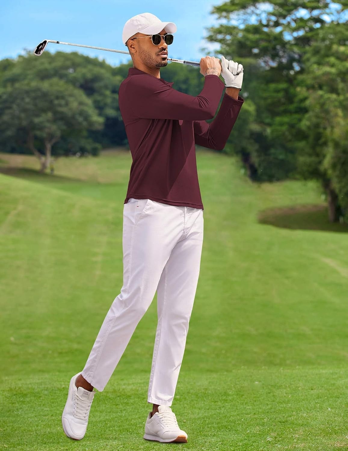 image:imageCOOFANDY Mens Long Sleeve Polo Shirt Golf Lightweight Breathable Moisture Wicking Shirt for Business Casual Work Outdoor1 Pack Maroon
