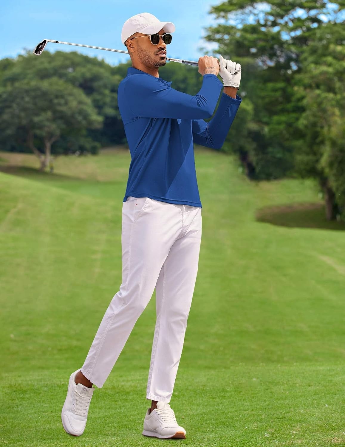 image:imageCOOFANDY Mens Long Sleeve Polo Shirt Golf Lightweight Breathable Moisture Wicking Shirt for Business Casual Work Outdoor1 Pack Sapphire Blue