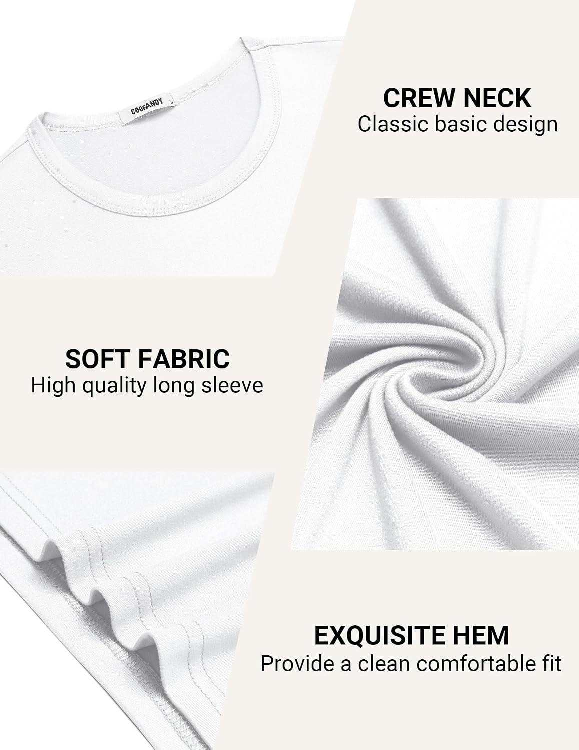 image:imageCOOFANDY Mens TShirt Long Sleeve Crew Neck Casual Soft Basic Tee ShirtsAwhite