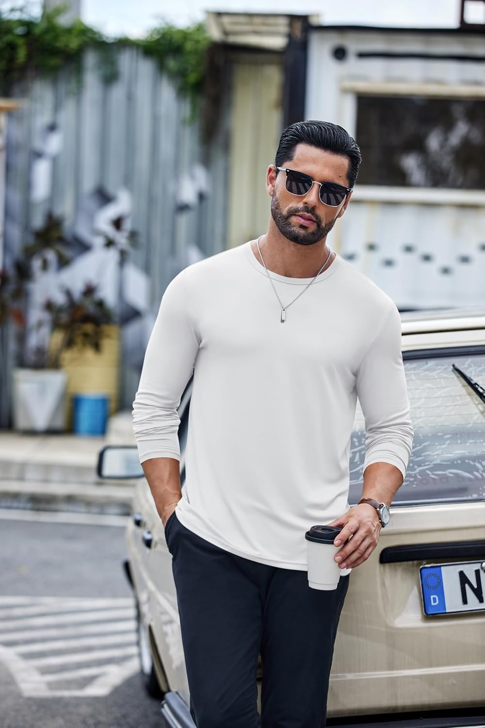 image:imageCOOFANDY Mens TShirt Long Sleeve Crew Neck Casual Soft Basic Tee ShirtsAwhite