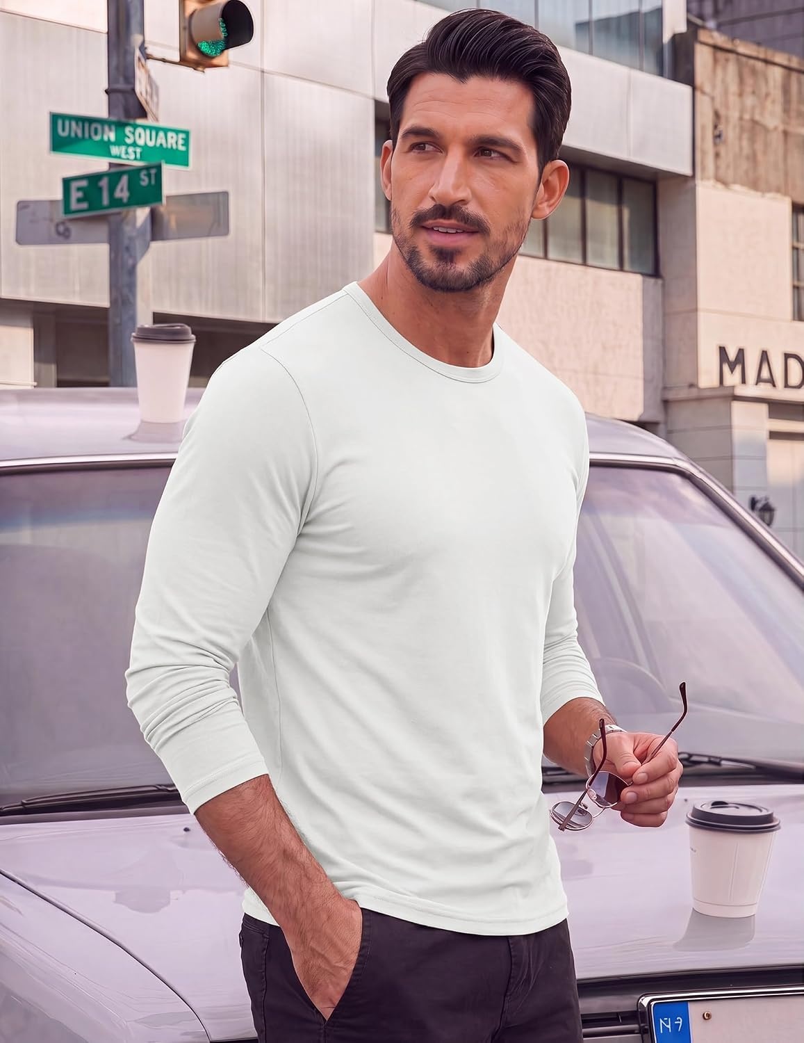 image:imageCOOFANDY Mens TShirt Long Sleeve Crew Neck Casual Soft Basic Tee ShirtsAwhite