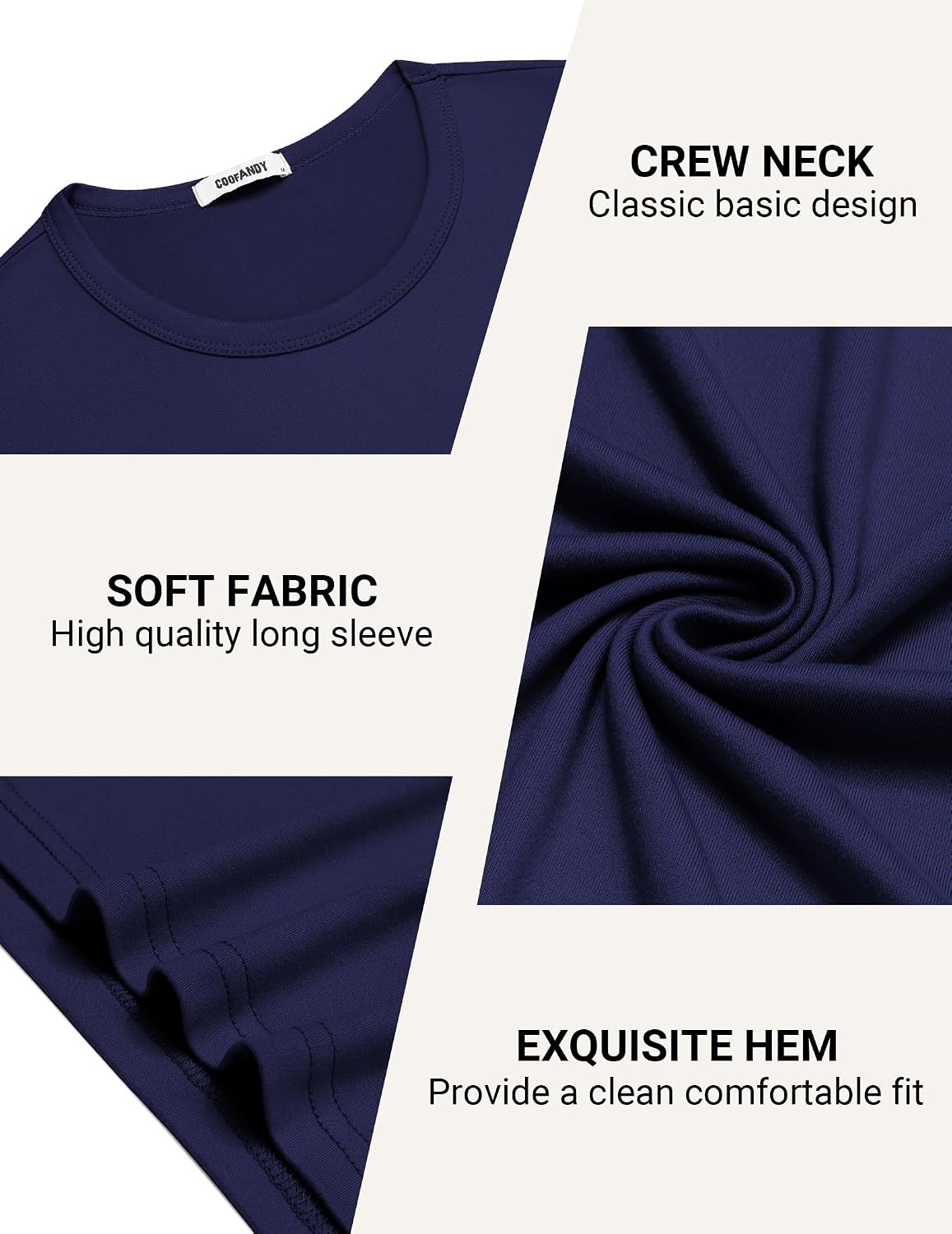 image:imageCOOFANDY Mens TShirt Long Sleeve Crew Neck Casual Soft Basic Tee ShirtsBblackNavy BlueWhite