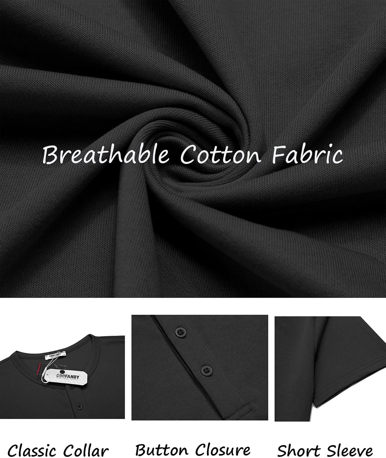 image:imageCOOFANDY Mens TShirts Henley Short Sleeve Cotton Shirts Button Tee TopsBlack
