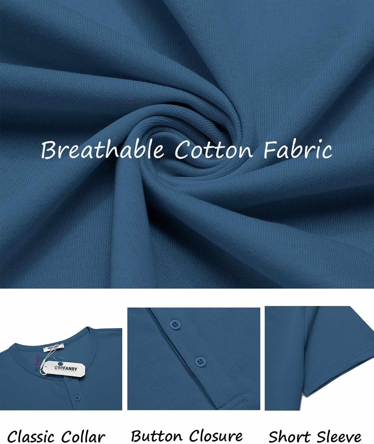 image:imageCOOFANDY Mens TShirts Henley Short Sleeve Cotton Shirts Button Tee TopsBlue