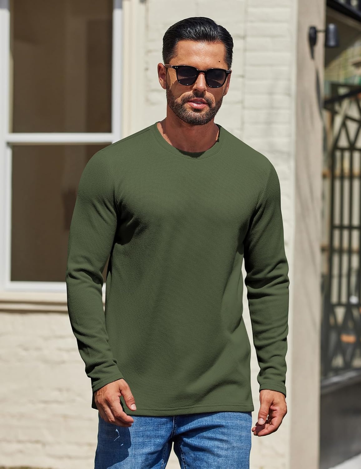 image:imageCOOFANDY Mens Waffle Long Sleeve Shirt Crewneck T Shirt Casual Pullover TeeArmy Green