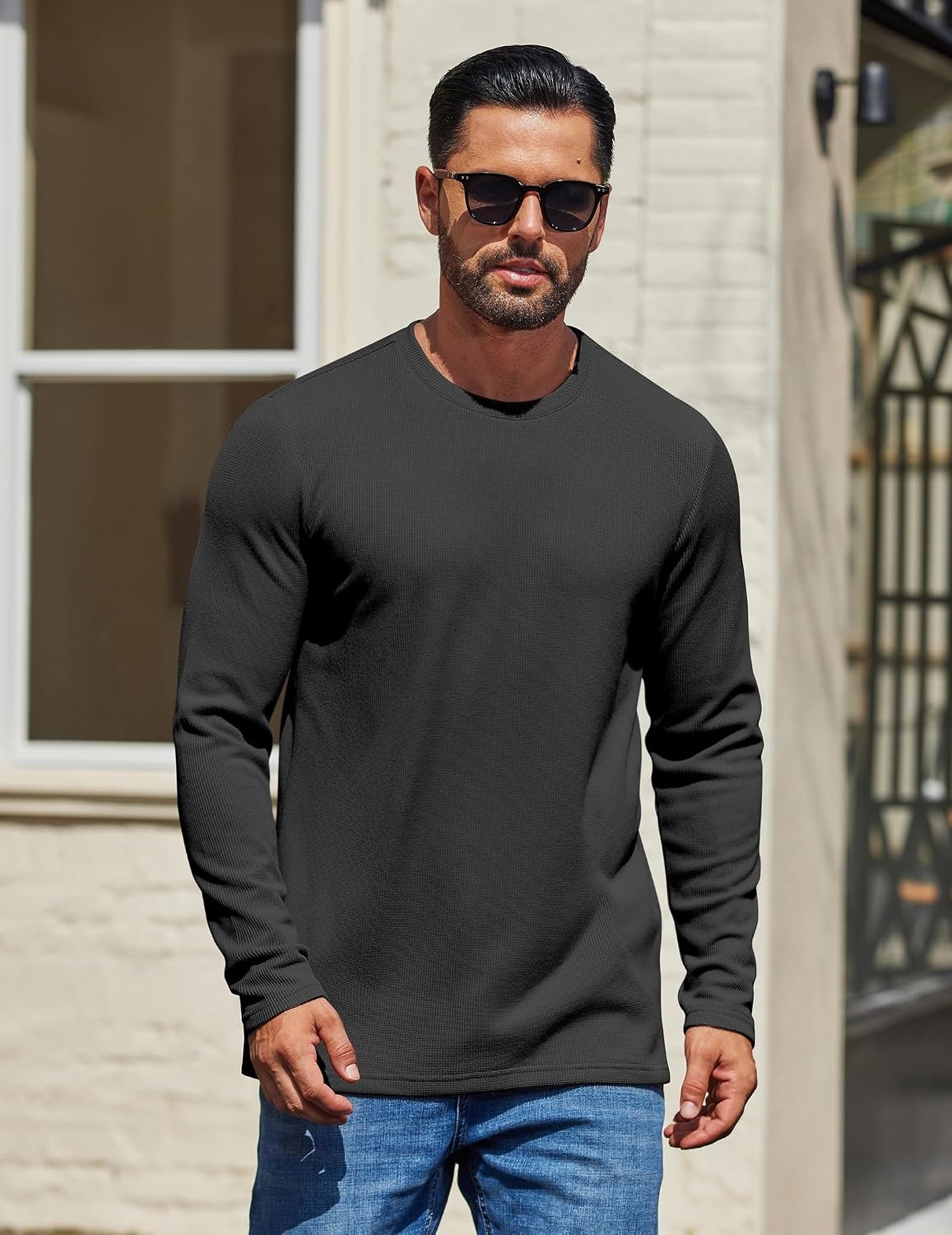 image:imageCOOFANDY Mens Waffle Long Sleeve Shirt Crewneck T Shirt Casual Pullover TeeBlack
