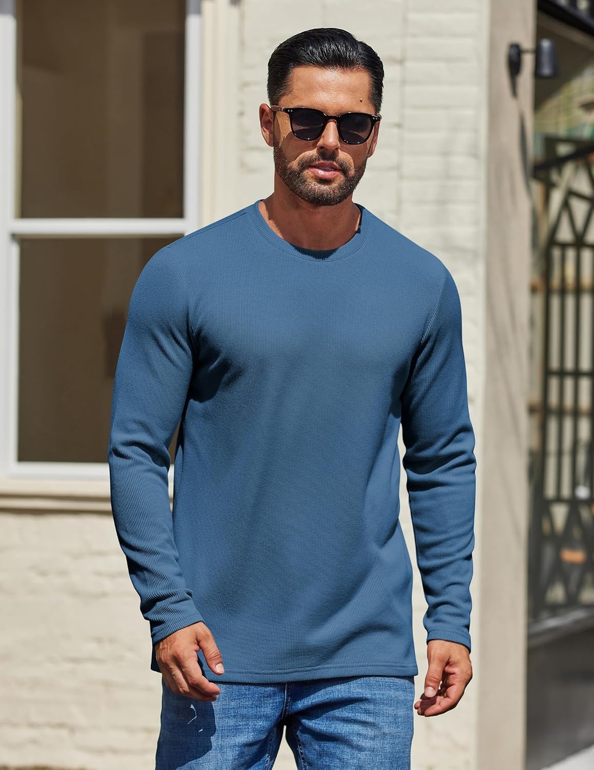 image:imageCOOFANDY Mens Waffle Long Sleeve Shirt Crewneck T Shirt Casual Pullover TeeBlue