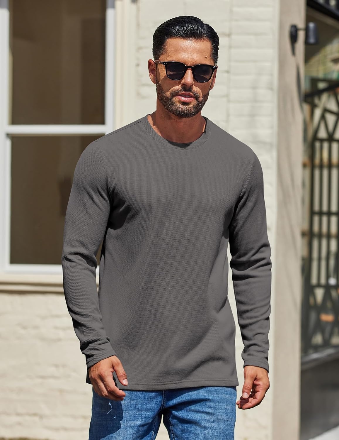 image:imageCOOFANDY Mens Waffle Long Sleeve Shirt Crewneck T Shirt Casual Pullover TeeDark Gray