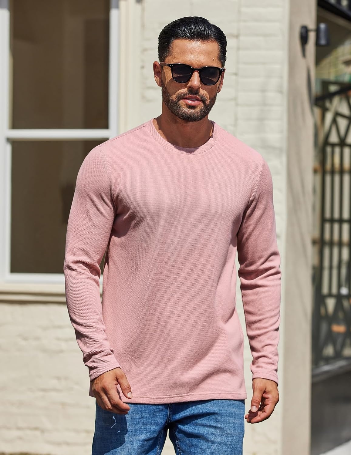 image:imageCOOFANDY Mens Waffle Long Sleeve Shirt Crewneck T Shirt Casual Pullover TeeDusty Pink