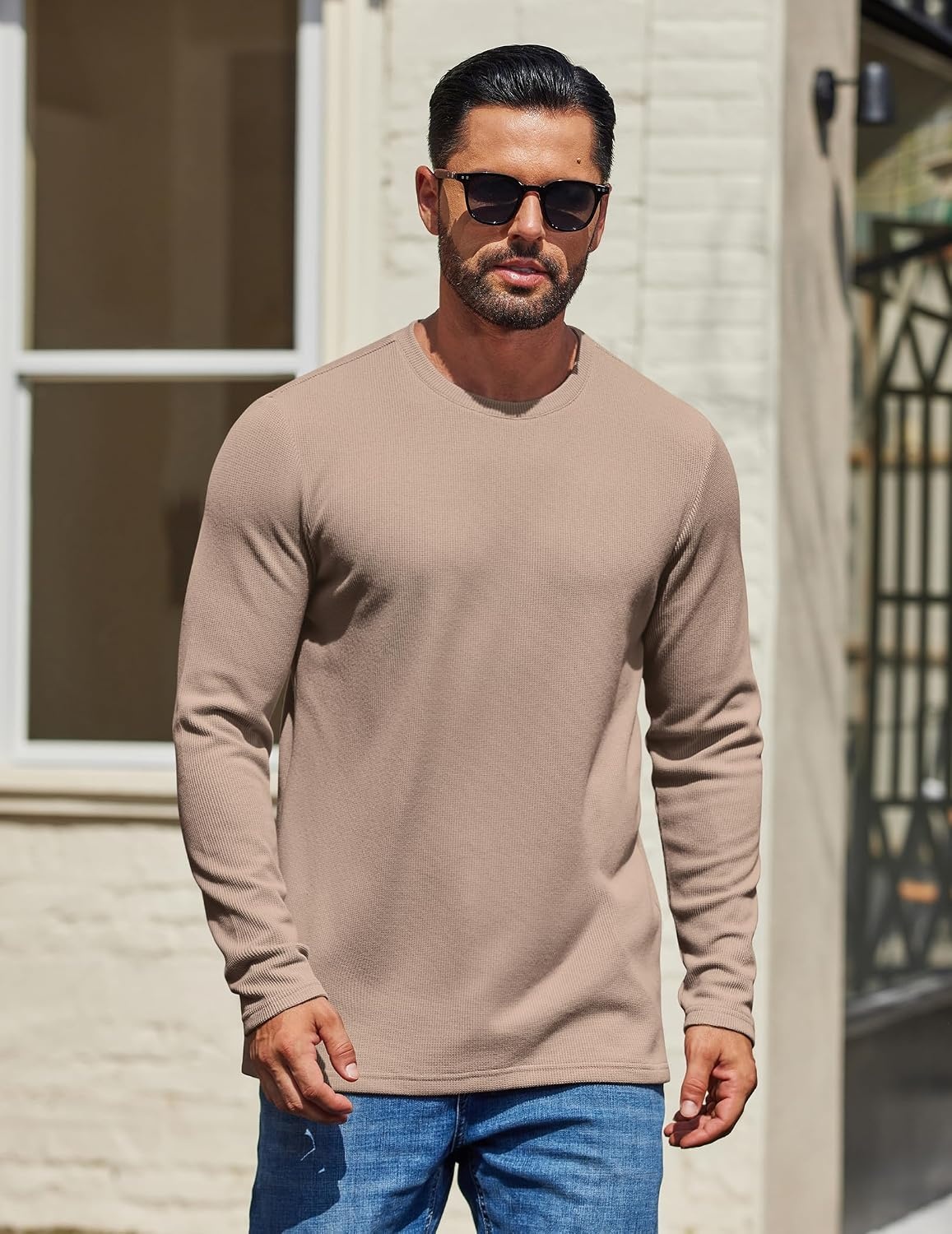 image:imageCOOFANDY Mens Waffle Long Sleeve Shirt Crewneck T Shirt Casual Pullover TeeKhaki