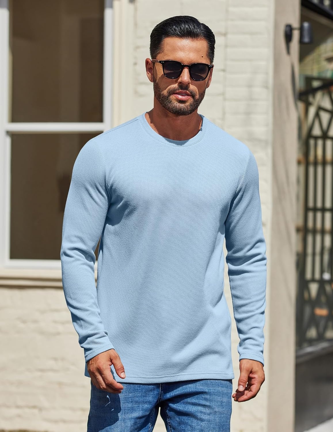 image:imageCOOFANDY Mens Waffle Long Sleeve Shirt Crewneck T Shirt Casual Pullover TeeLight Blue