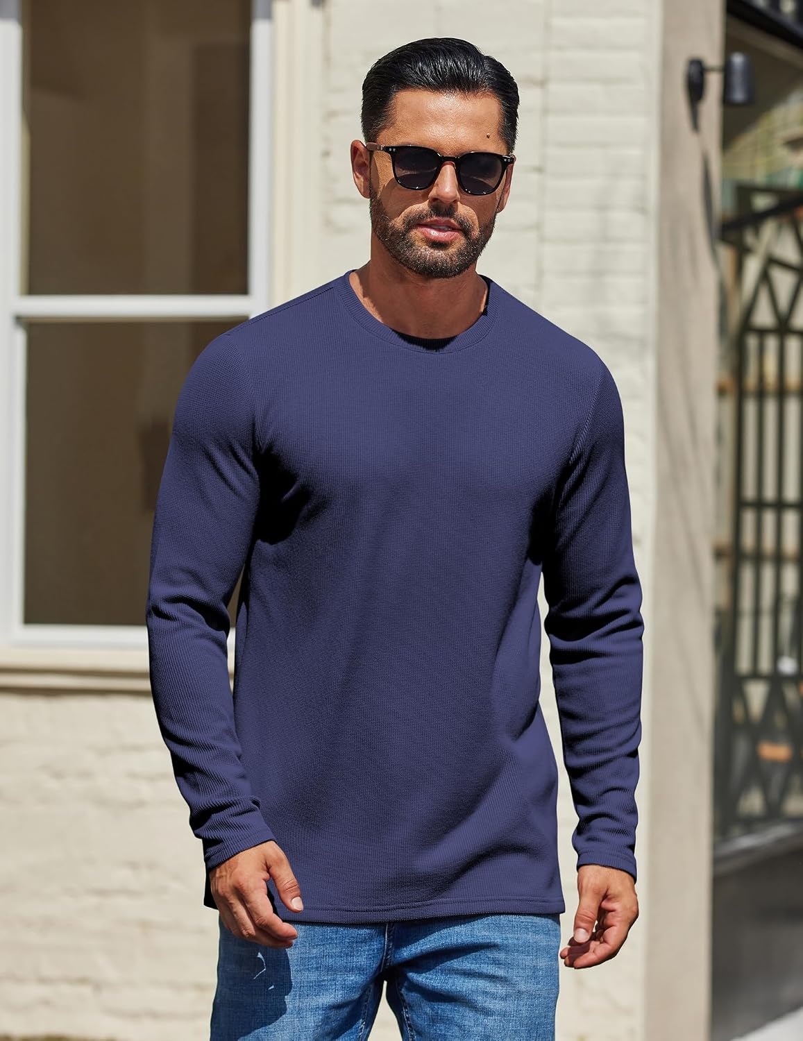 image:imageCOOFANDY Mens Waffle Long Sleeve Shirt Crewneck T Shirt Casual Pullover TeeNavy Blue