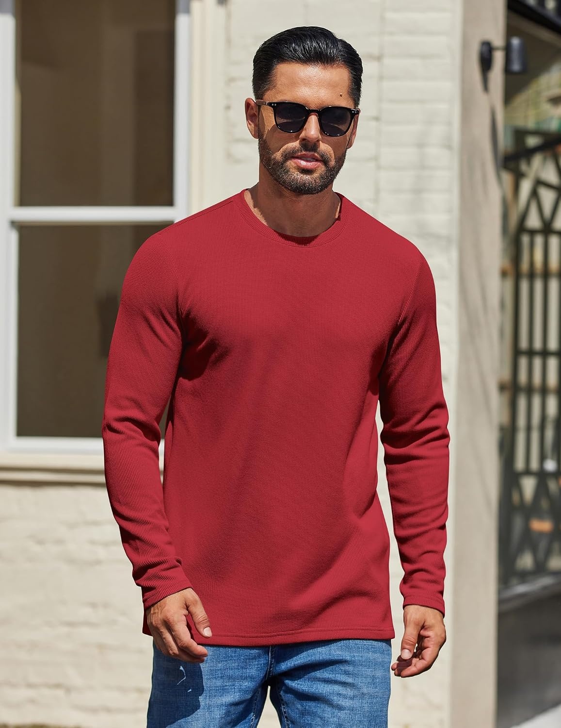 image:imageCOOFANDY Mens Waffle Long Sleeve Shirt Crewneck T Shirt Casual Pullover TeeRed