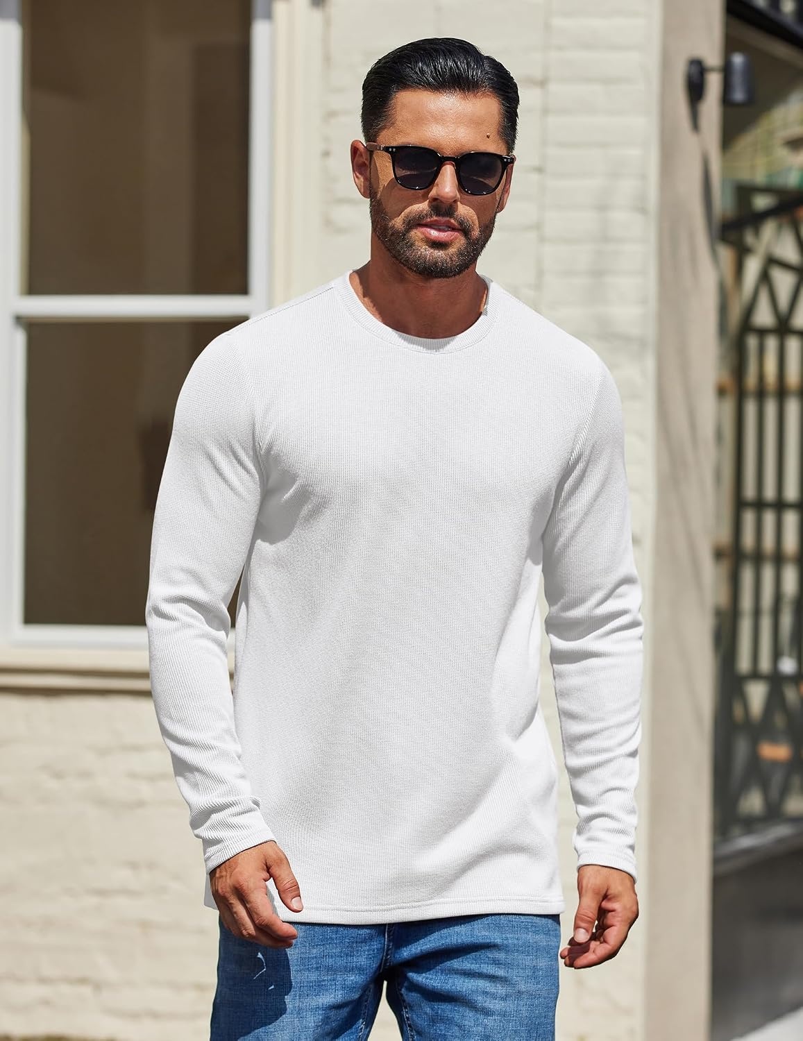 image:imageCOOFANDY Mens Waffle Long Sleeve Shirt Crewneck T Shirt Casual Pullover TeeWhite