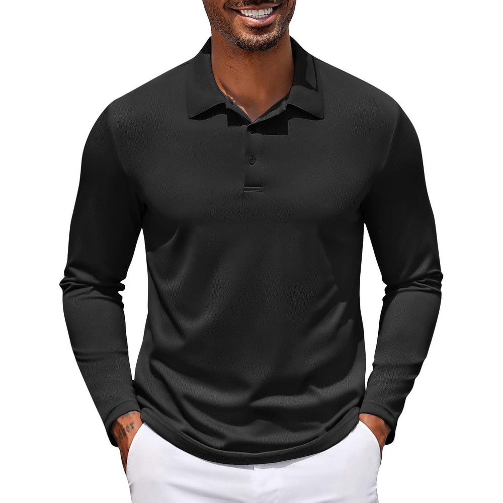 image:imageCOOFANDY Mens Long Sleeve Polo Shirt Golf Lightweight Breathable Moisture Wicking Shirt for Business Casual Work Outdoor1 Pack Black
