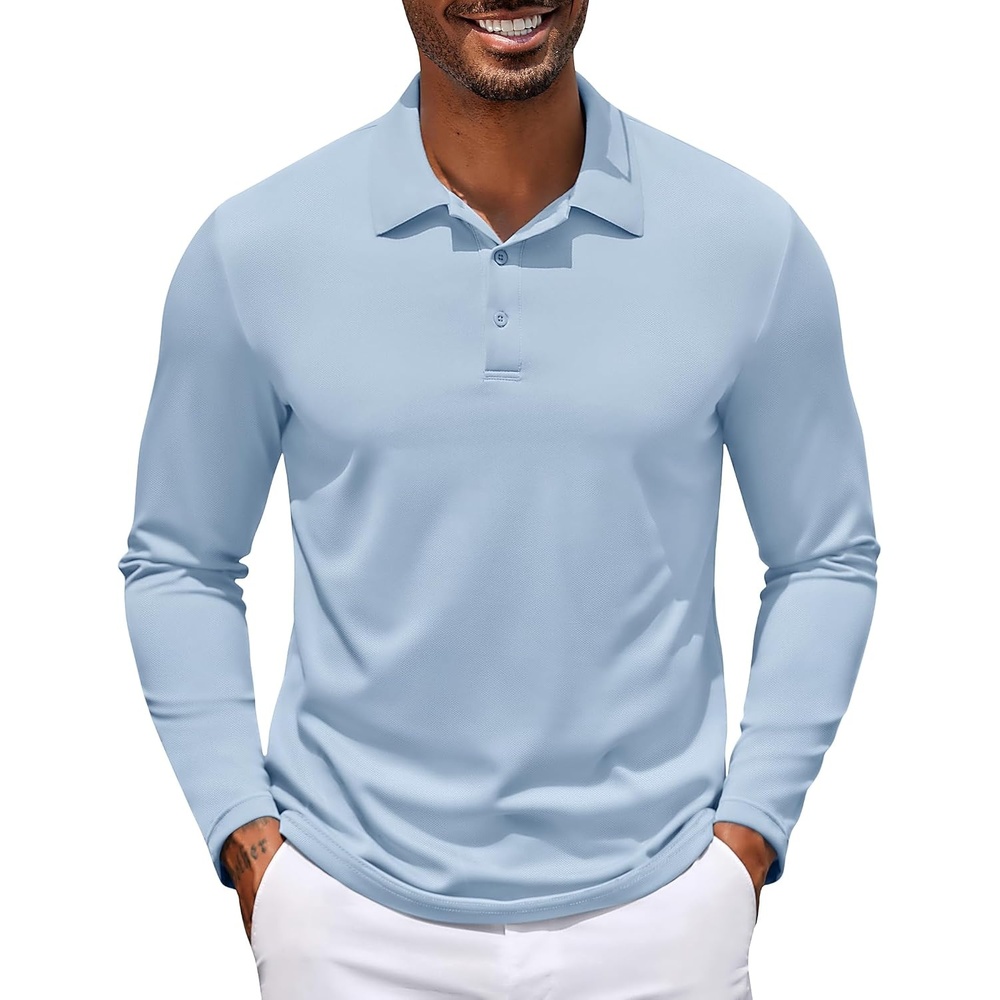 image:imageCOOFANDY Mens Long Sleeve Polo Shirt Golf Lightweight Breathable Moisture Wicking Shirt for Business Casual Work Outdoor1 Pack Light Blue
