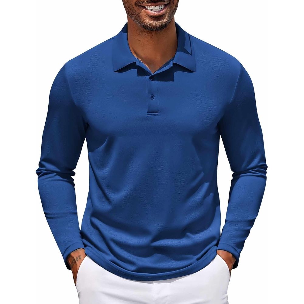 image:imageCOOFANDY Mens Long Sleeve Polo Shirt Golf Lightweight Breathable Moisture Wicking Shirt for Business Casual Work Outdoor1 Pack Sapphire Blue