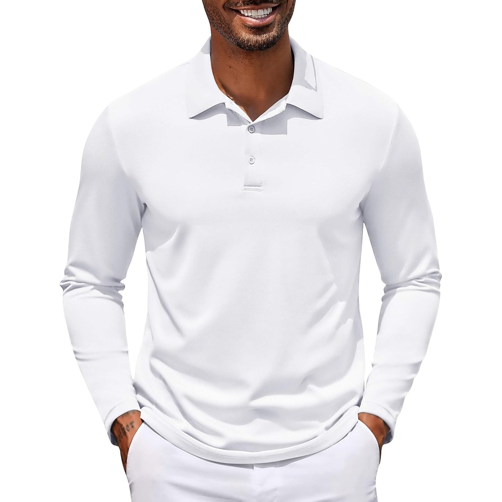 image:imageCOOFANDY Mens Long Sleeve Polo Shirt Golf Lightweight Breathable Moisture Wicking Shirt for Business Casual Work Outdoor1 Pack White