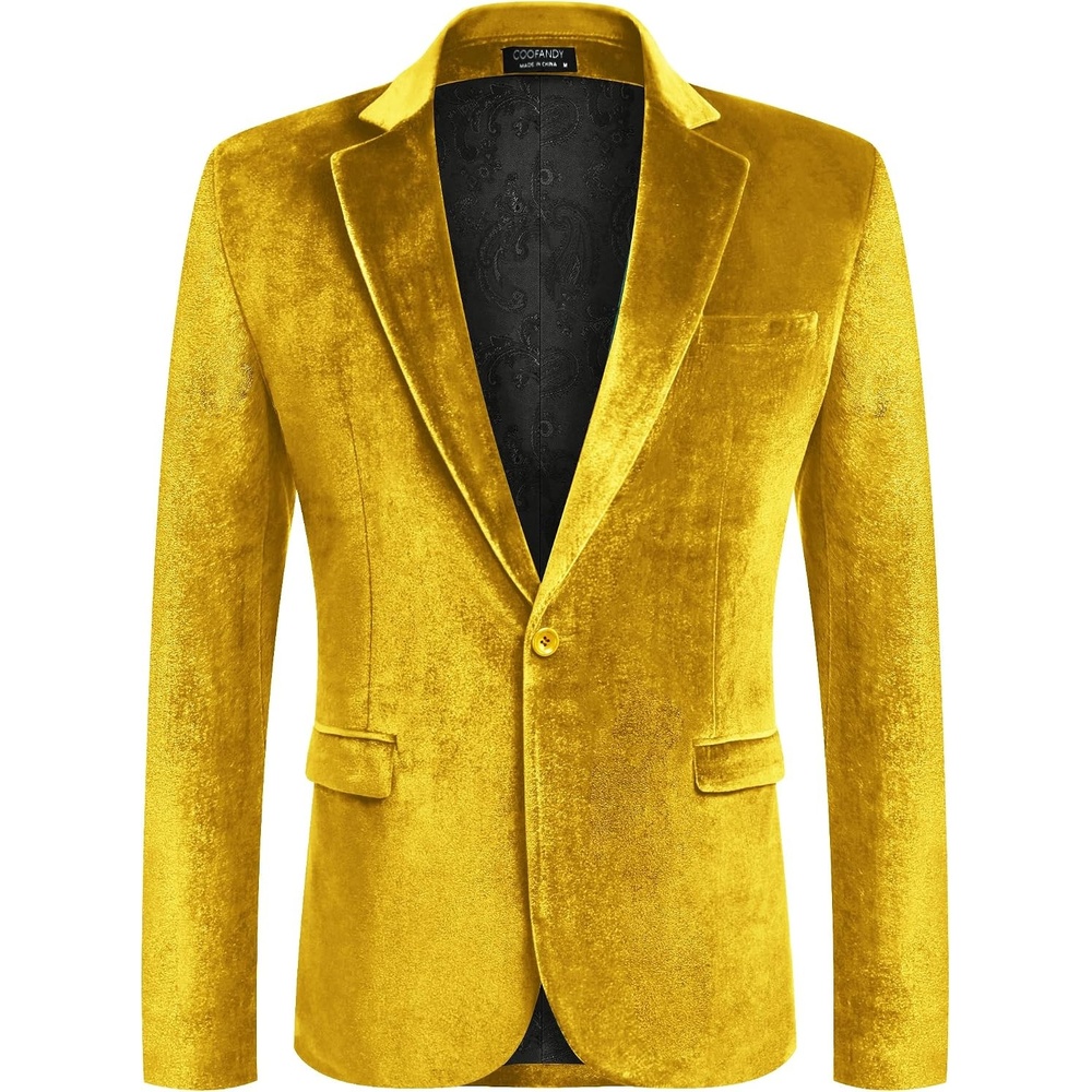 image:imageCOOFANDY Mens Velvet Blazer Notched Lapel Velour Suit Jacket One Button Tuxedo Jackets for Wedding Prom Party DinnerGold Yellow