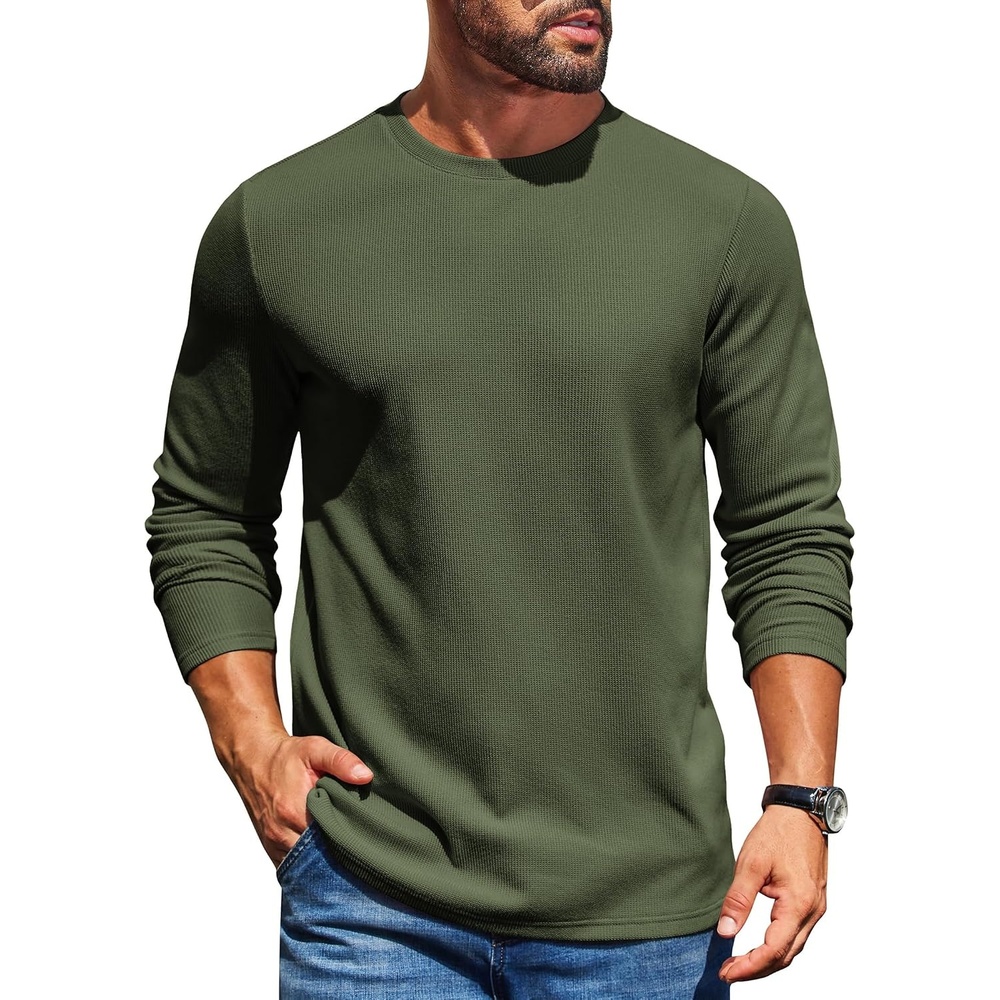 image:imageCOOFANDY Mens Waffle Long Sleeve Shirt Crewneck T Shirt Casual Pullover TeeArmy Green