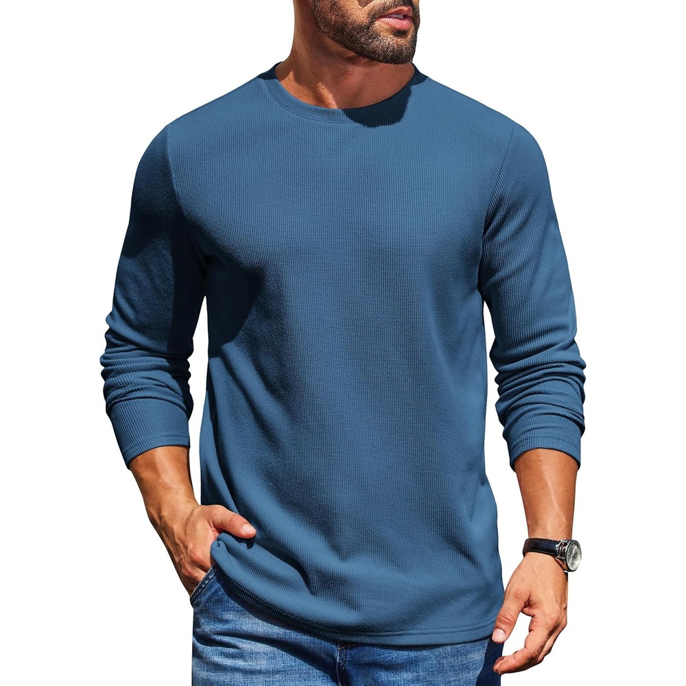 image:imageCOOFANDY Mens Waffle Long Sleeve Shirt Crewneck T Shirt Casual Pullover TeeBlue