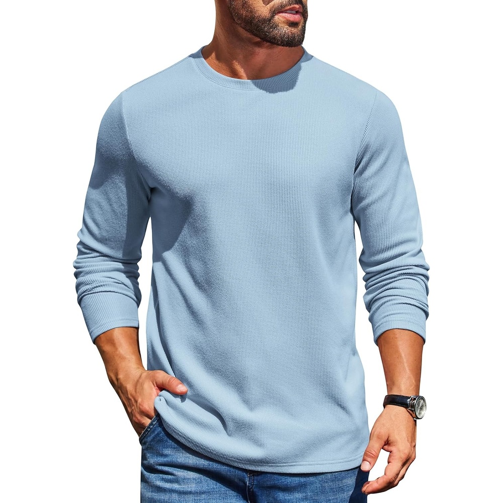image:imageCOOFANDY Mens Waffle Long Sleeve Shirt Crewneck T Shirt Casual Pullover TeeLight Blue