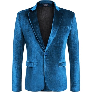 COOFANDY Men’s Velvet Blazer Notched Lapel Velour Suit Jacket One Button Tuxedo Jackets for Wedding Prom Party Dinner(Lake Blue)