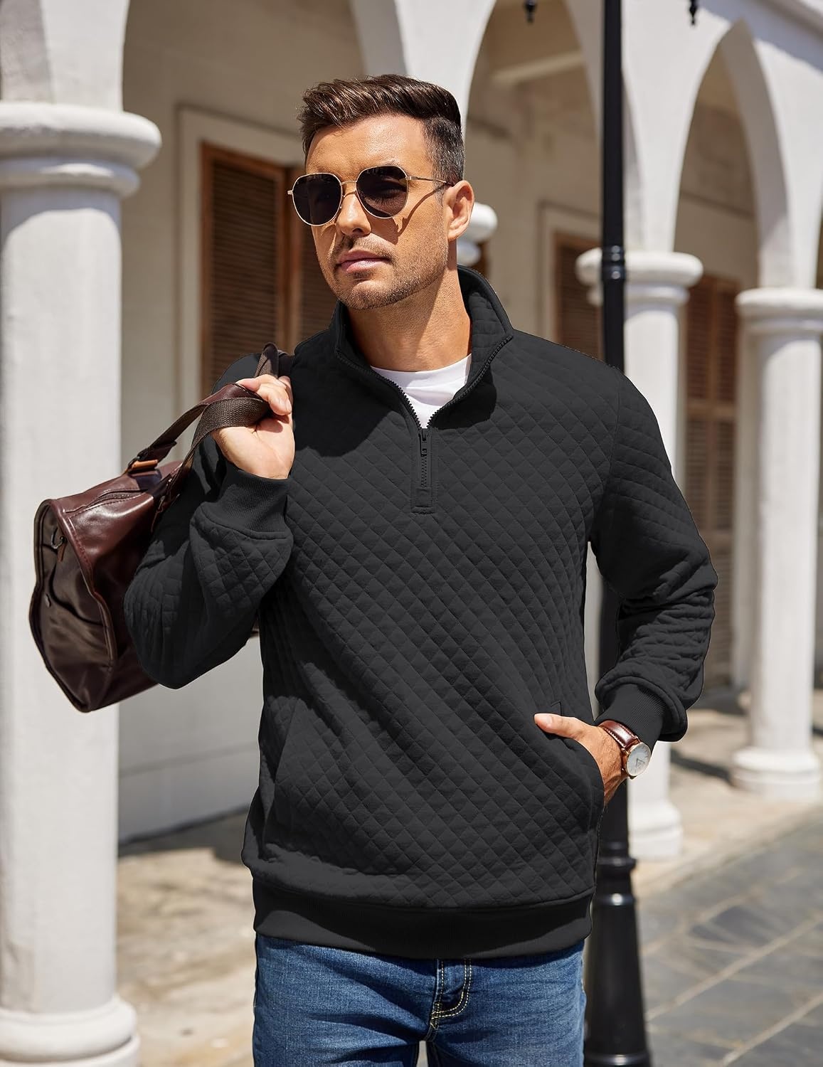 image:imageCOOFANDY Mens Quarter Zip Pullover Sweatshirt Casual Mock Neck Sweater 2026Ablack
