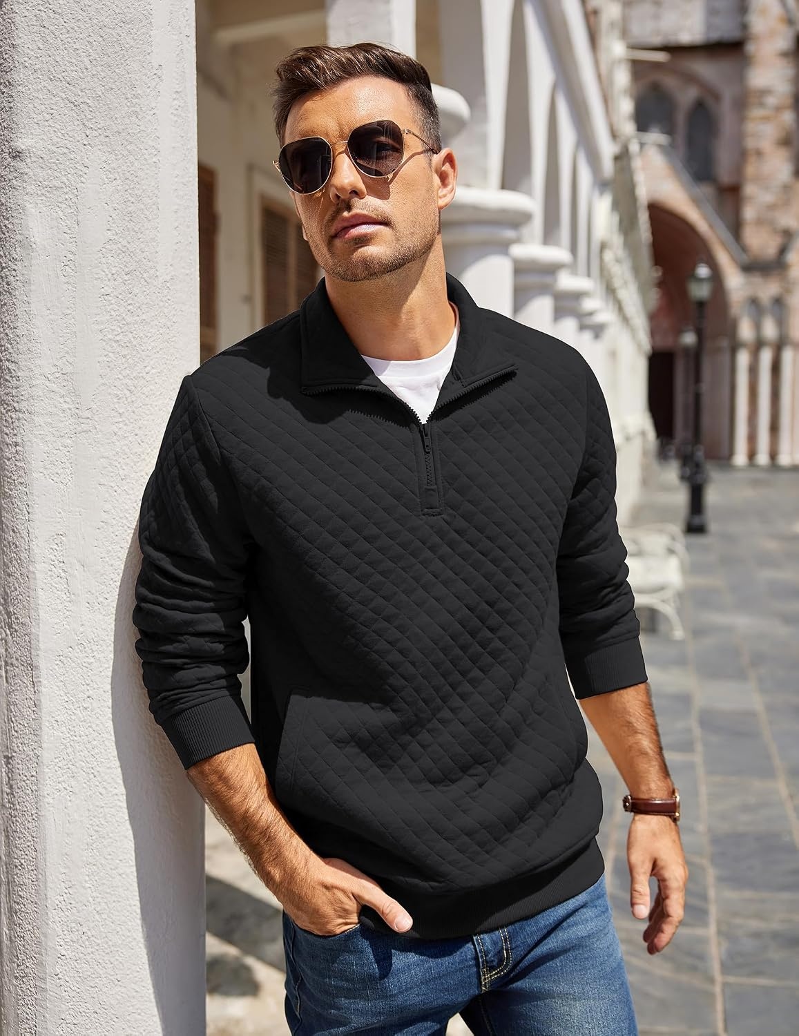 image:imageCOOFANDY Mens Quarter Zip Pullover Sweatshirt Casual Mock Neck Sweater 2026Ablack