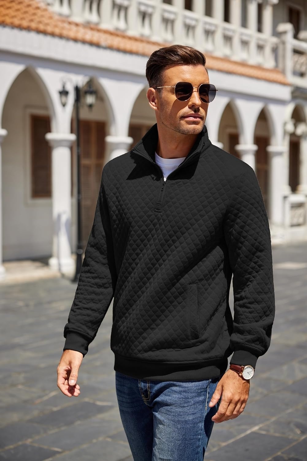 image:imageCOOFANDY Mens Quarter Zip Pullover Sweatshirt Casual Mock Neck Sweater 2026Ablack