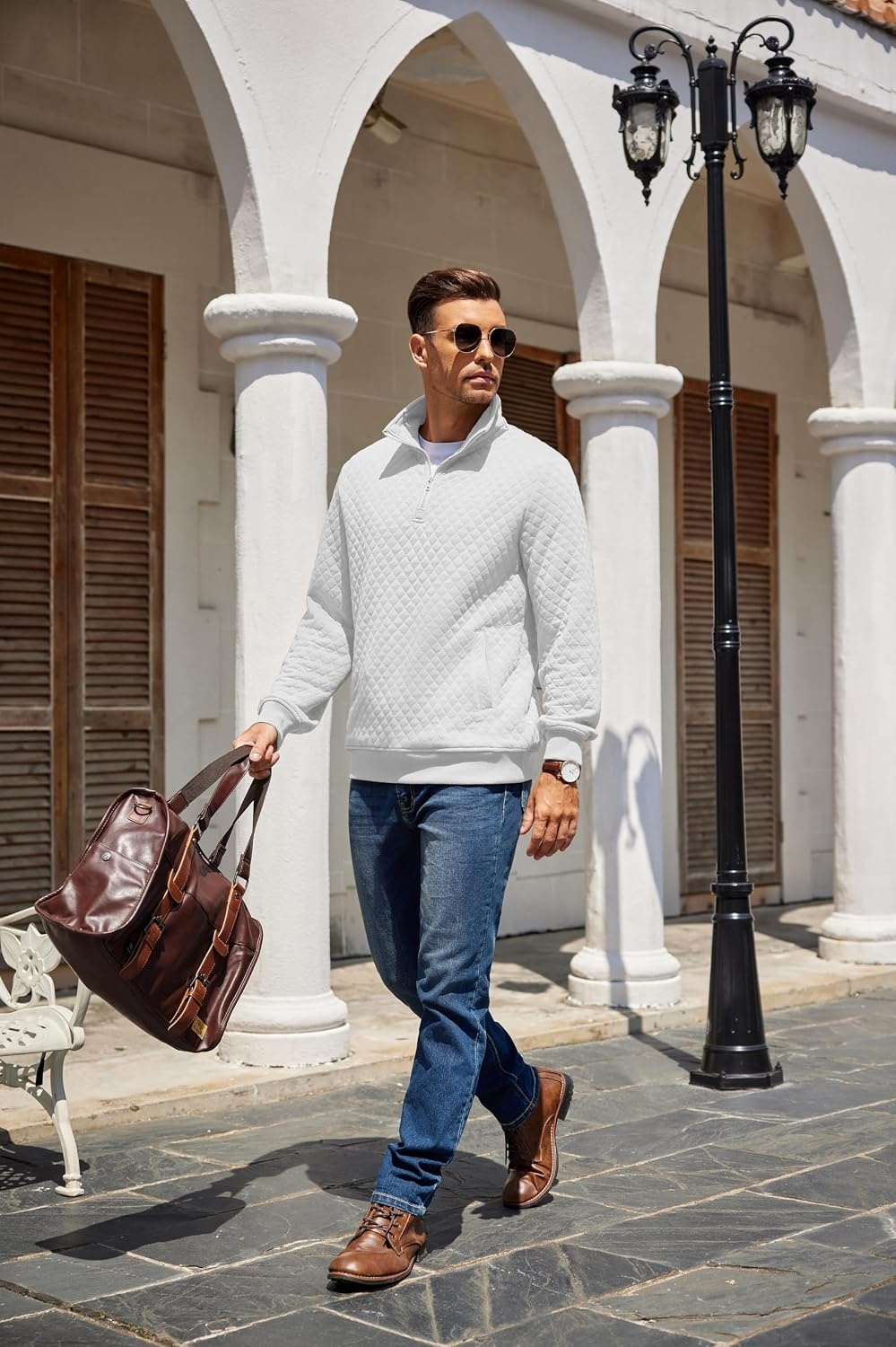image:imageCOOFANDY Mens Quarter Zip Pullover Sweatshirt Casual Mock Neck Sweater 2026Asolid White