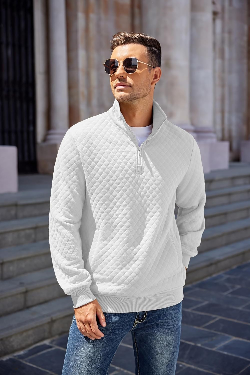 image:imageCOOFANDY Mens Quarter Zip Pullover Sweatshirt Casual Mock Neck Sweater 2026Asolid White