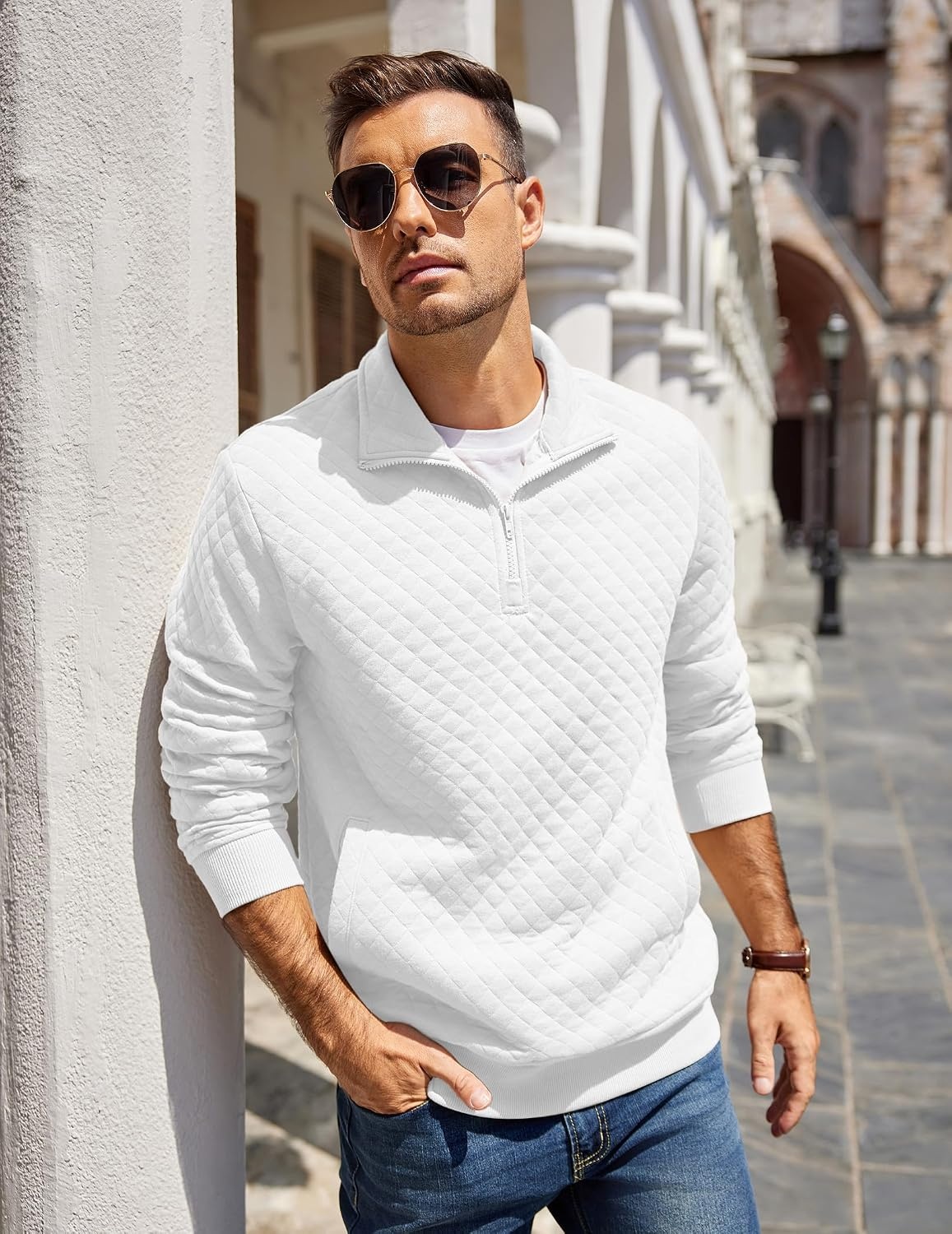 image:imageCOOFANDY Mens Quarter Zip Pullover Sweatshirt Casual Mock Neck Sweater 2026Asolid White
