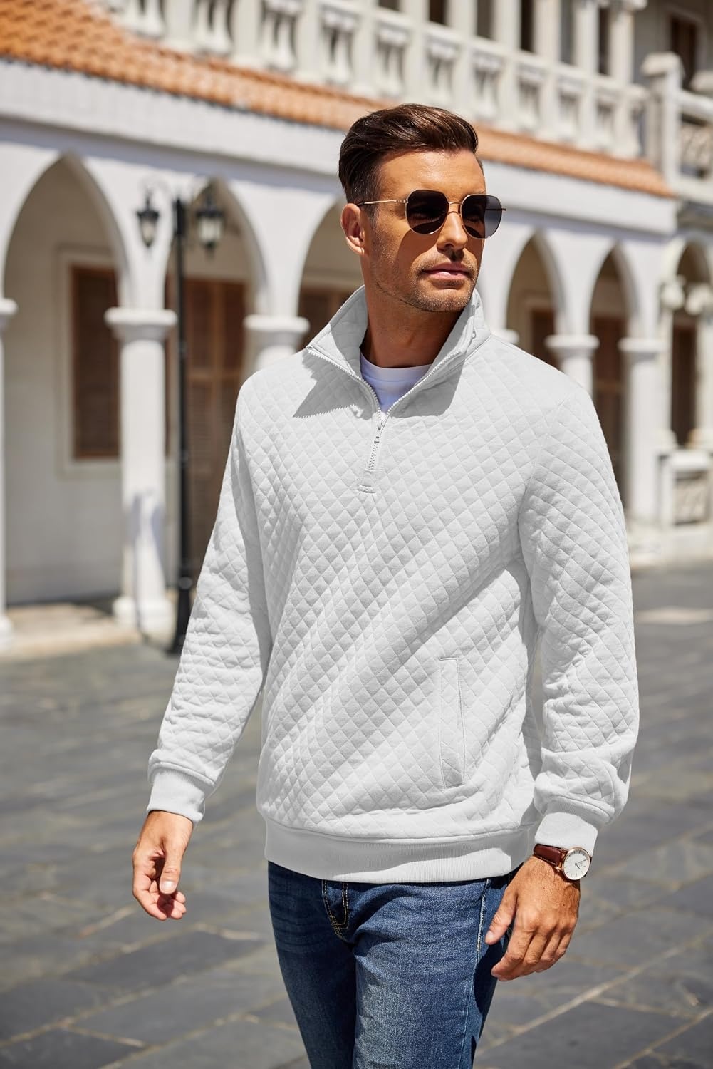 image:imageCOOFANDY Mens Quarter Zip Pullover Sweatshirt Casual Mock Neck Sweater 2026Asolid White