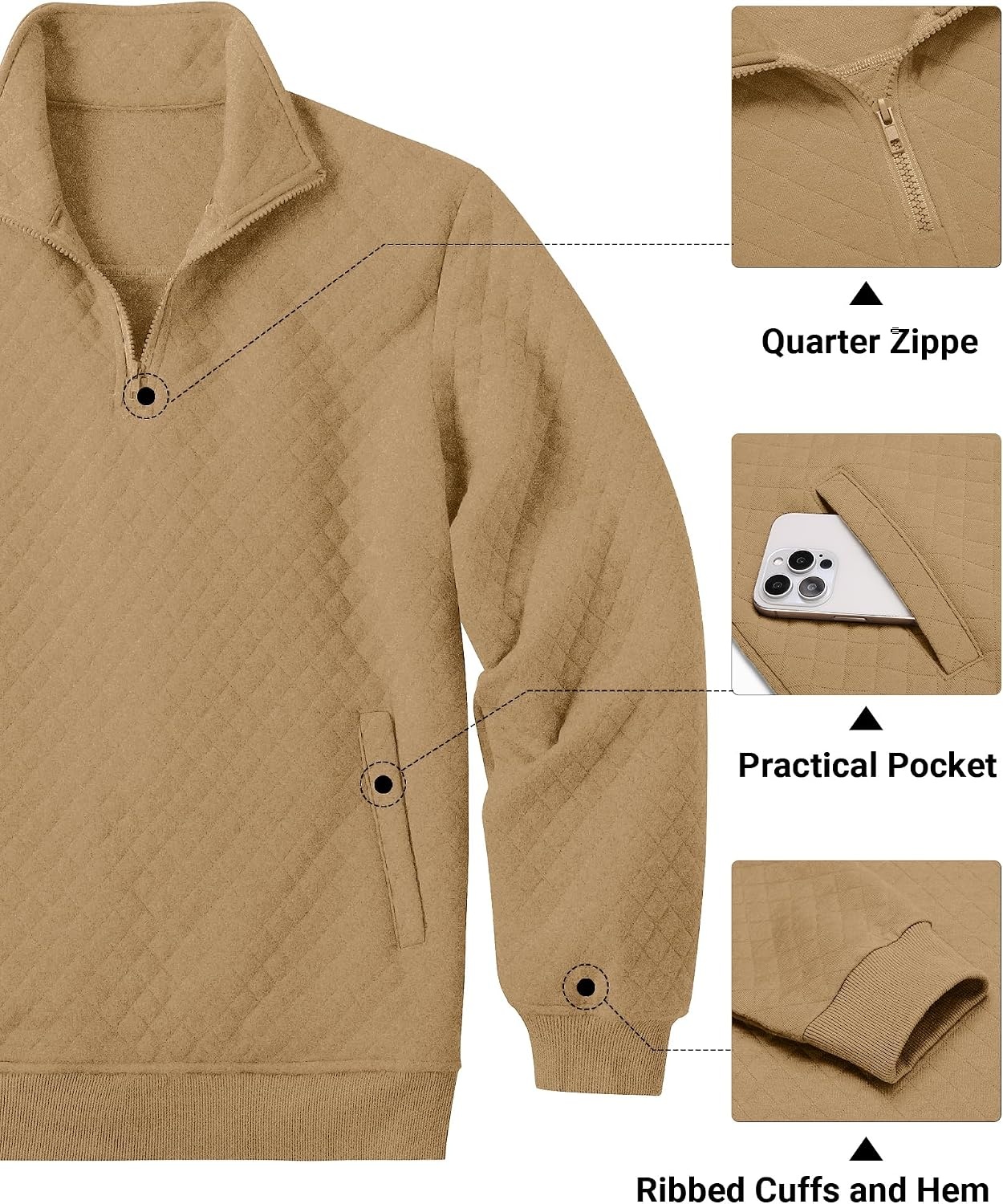 image:imageCOOFANDY Mens Quarter Zip Pullover Sweatshirt Casual Mock Neck Sweater 2026Camel