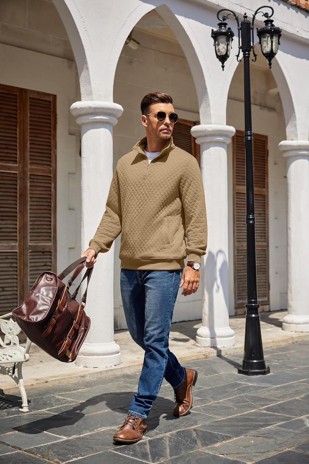 image:imageCOOFANDY Mens Quarter Zip Pullover Sweatshirt Casual Mock Neck Sweater 2026Camel