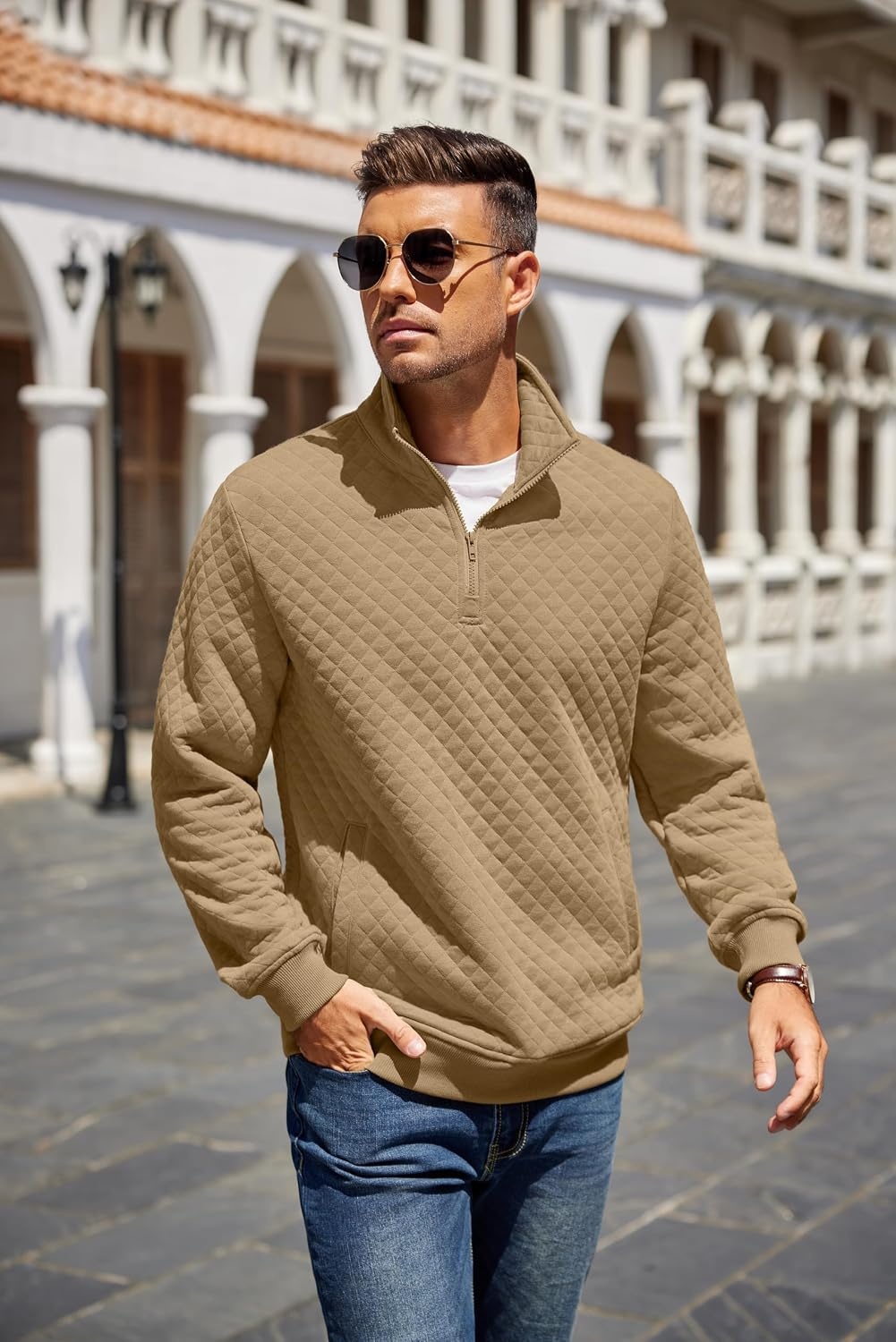 image:imageCOOFANDY Mens Quarter Zip Pullover Sweatshirt Casual Mock Neck Sweater 2026Camel