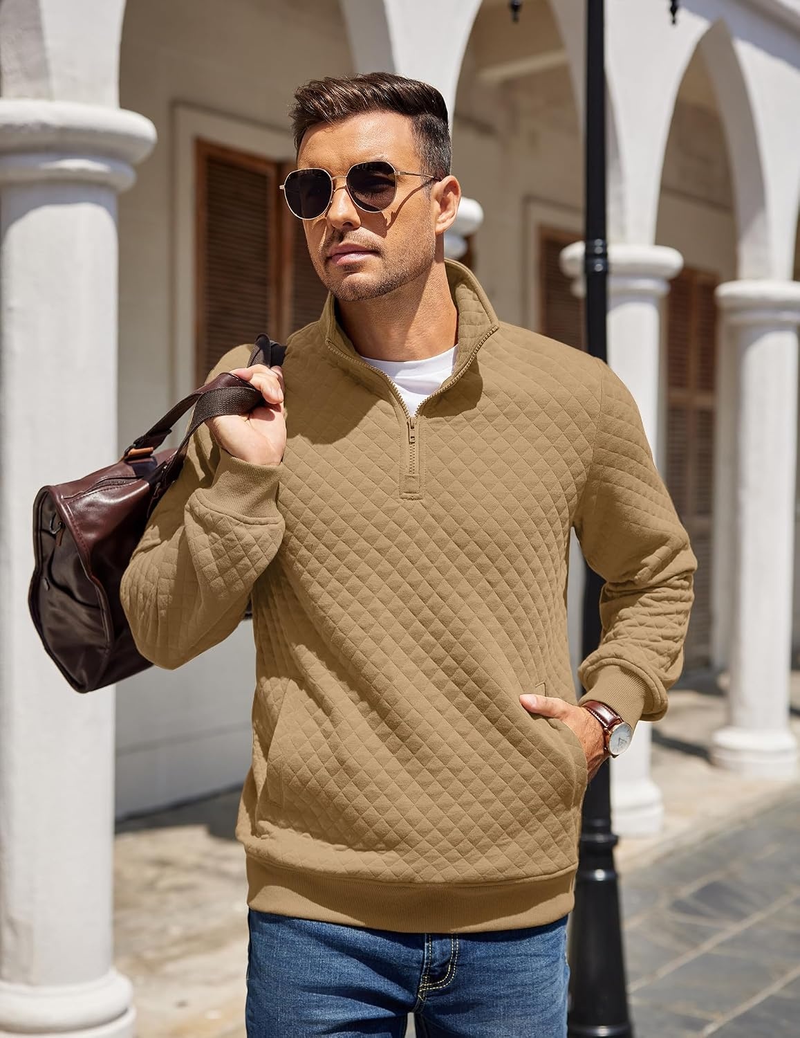 image:imageCOOFANDY Mens Quarter Zip Pullover Sweatshirt Casual Mock Neck Sweater 2026Camel