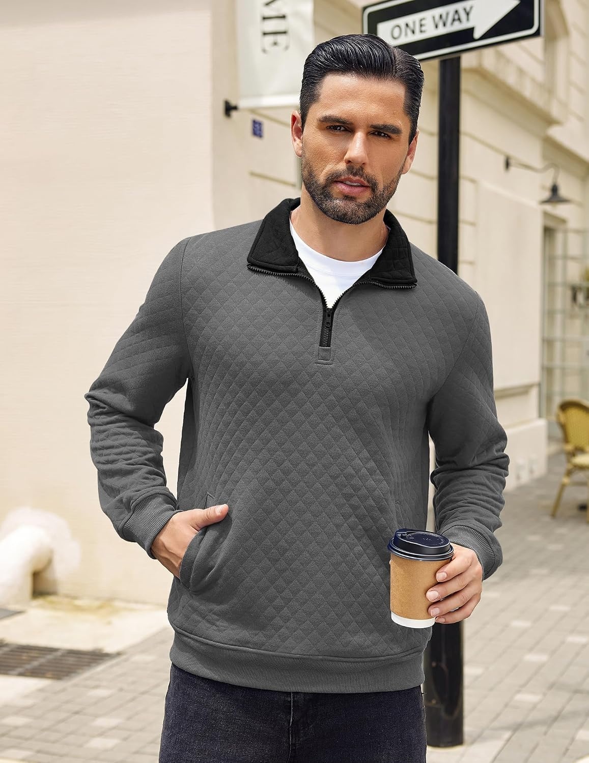 image:imageCOOFANDY Mens Quarter Zip Pullover Sweatshirt Casual Mock Neck Sweater 2026Zcontrast GrayBlack