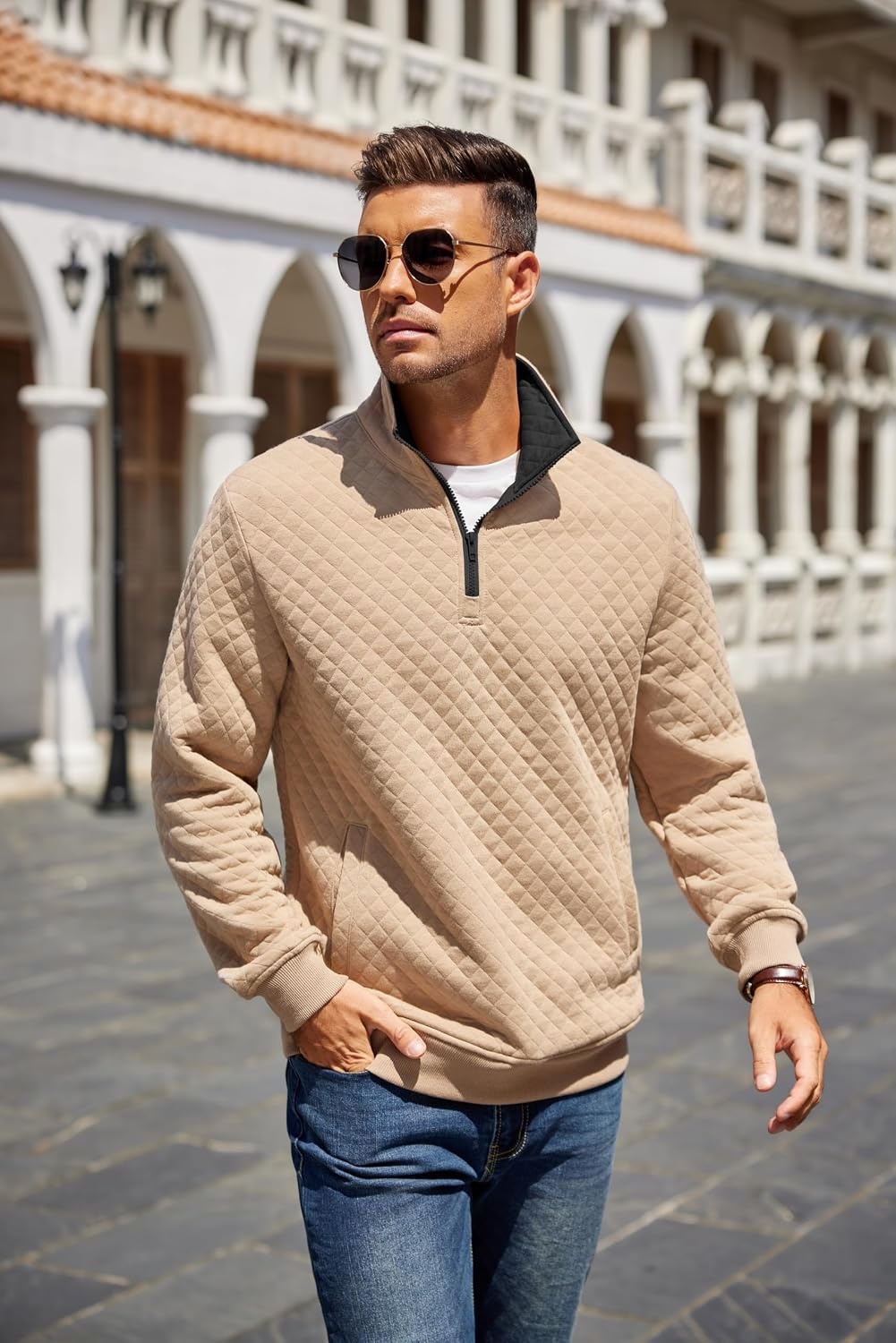 image:imageCOOFANDY Mens Quarter Zip Pullover Sweatshirt Casual Mock Neck Sweater 2026Zcontrast KhakiBlack