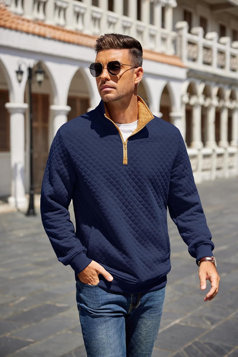 image:imageCOOFANDY Mens Quarter Zip Pullover Sweatshirt Casual Mock Neck Sweater 2026Zcontrast NavyBrown