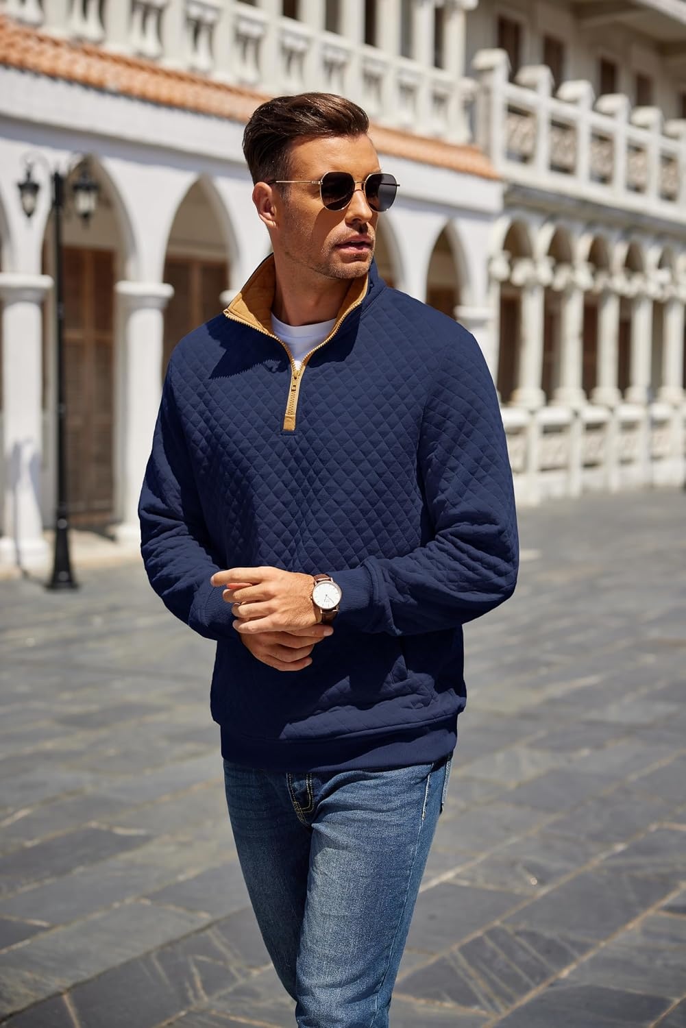 image:imageCOOFANDY Mens Quarter Zip Pullover Sweatshirt Casual Mock Neck Sweater 2026Zcontrast NavyBrown