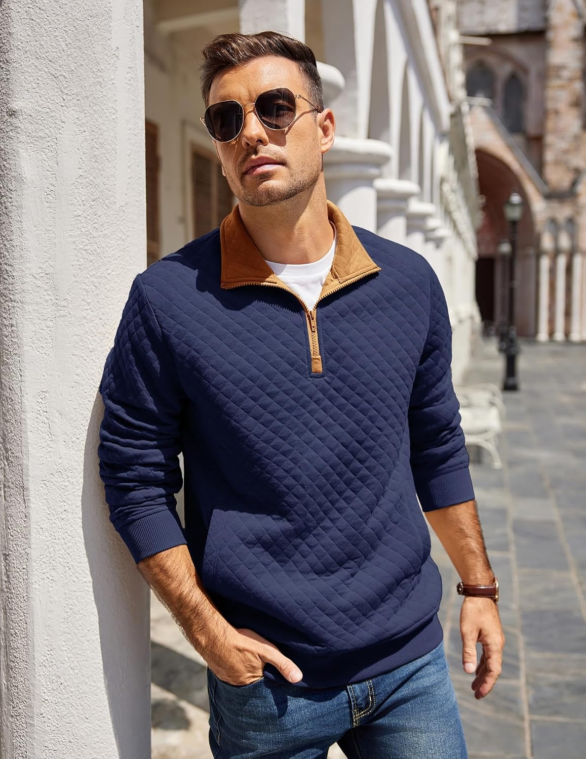 image:imageCOOFANDY Mens Quarter Zip Pullover Sweatshirt Casual Mock Neck Sweater 2026Zcontrast NavyBrown