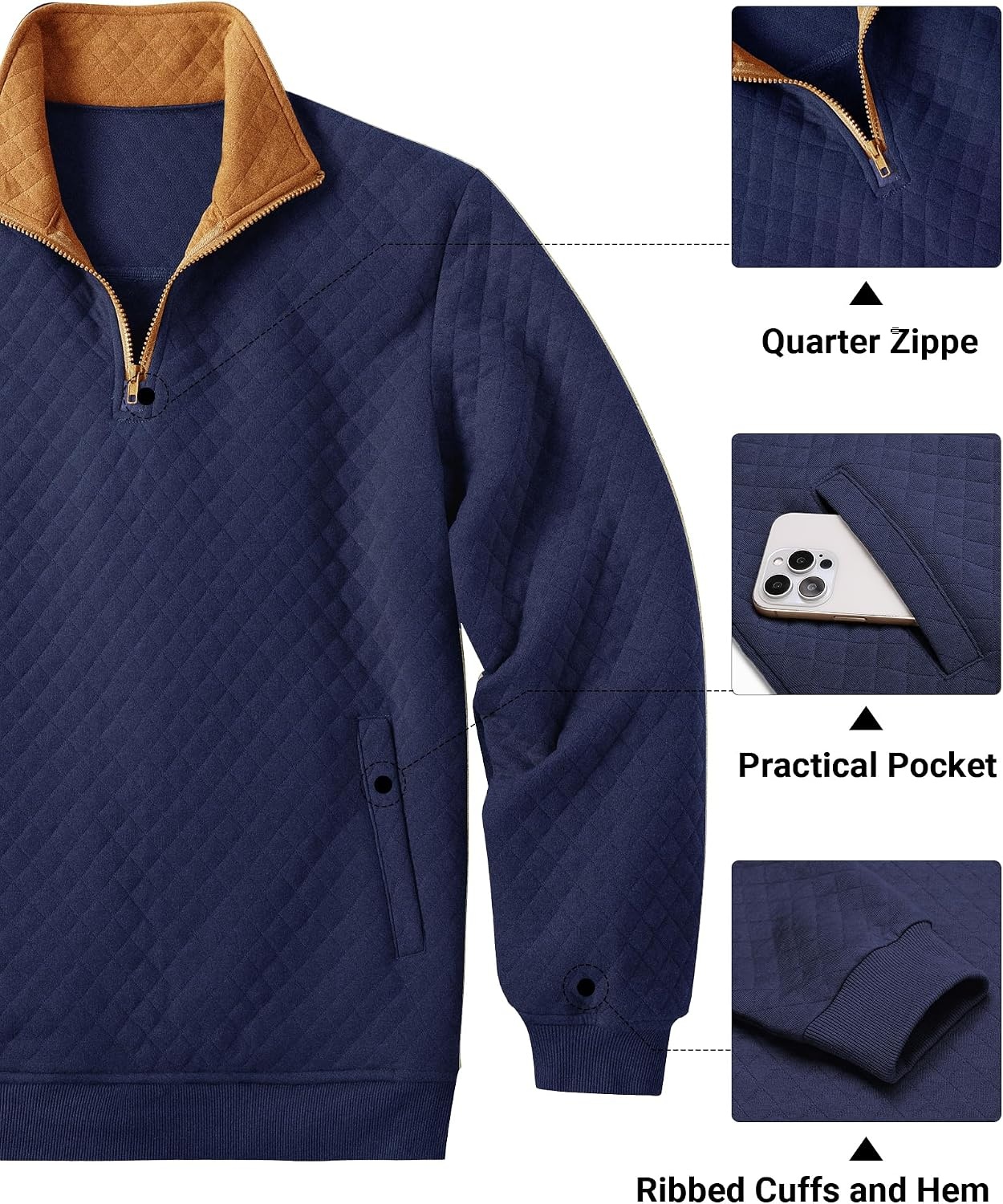 image:imageCOOFANDY Mens Quarter Zip Pullover Sweatshirt Casual Mock Neck Sweater 2026Zcontrast NavyBrown
