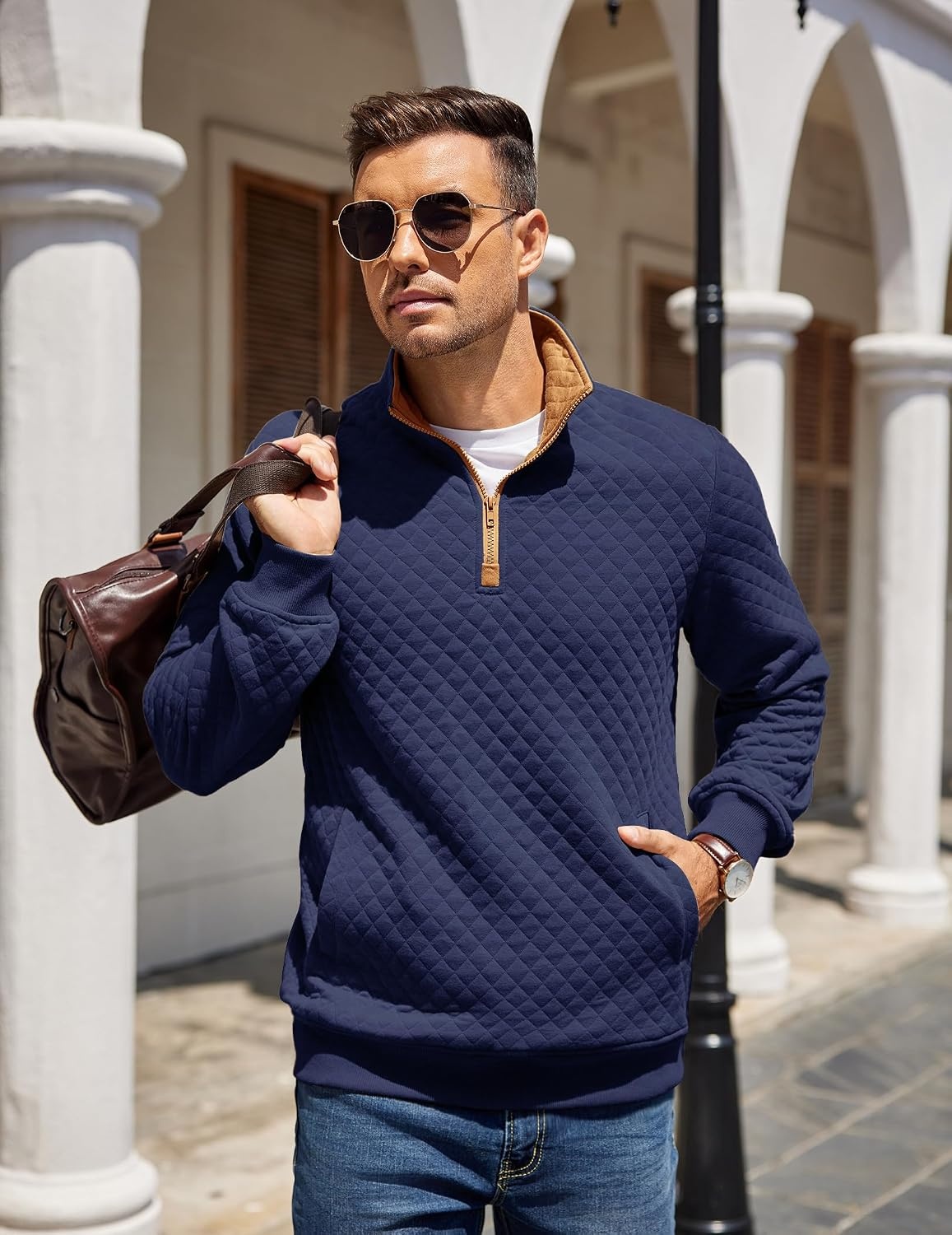 image:imageCOOFANDY Mens Quarter Zip Pullover Sweatshirt Casual Mock Neck Sweater 2026Zcontrast NavyBrown