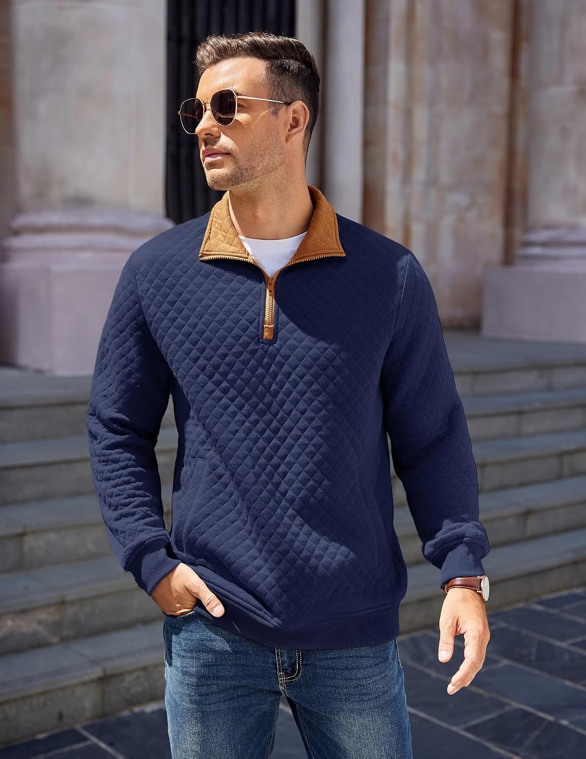 image:imageCOOFANDY Mens Quarter Zip Pullover Sweatshirt Casual Mock Neck Sweater 2026Zcontrast NavyBrown