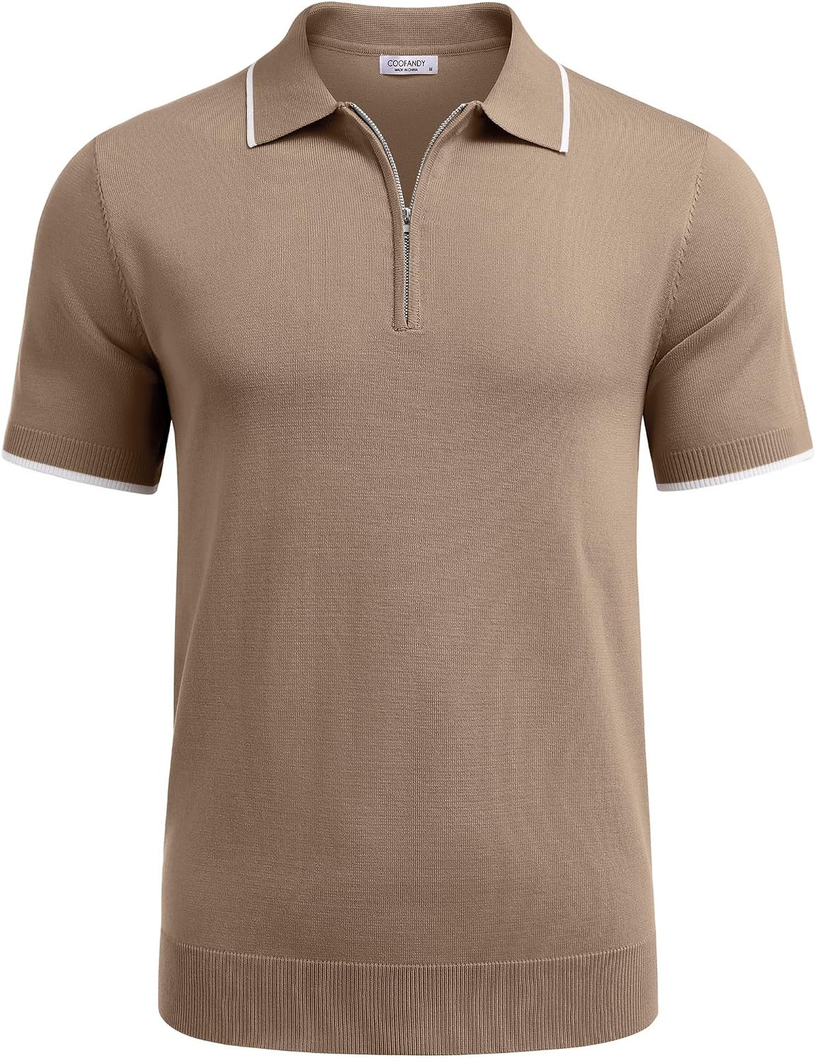 image:imageCOOFANDY Mens Zipper Polo Shirt Casual Knit Short Sleeve Polo Golf T Shirt1khaki