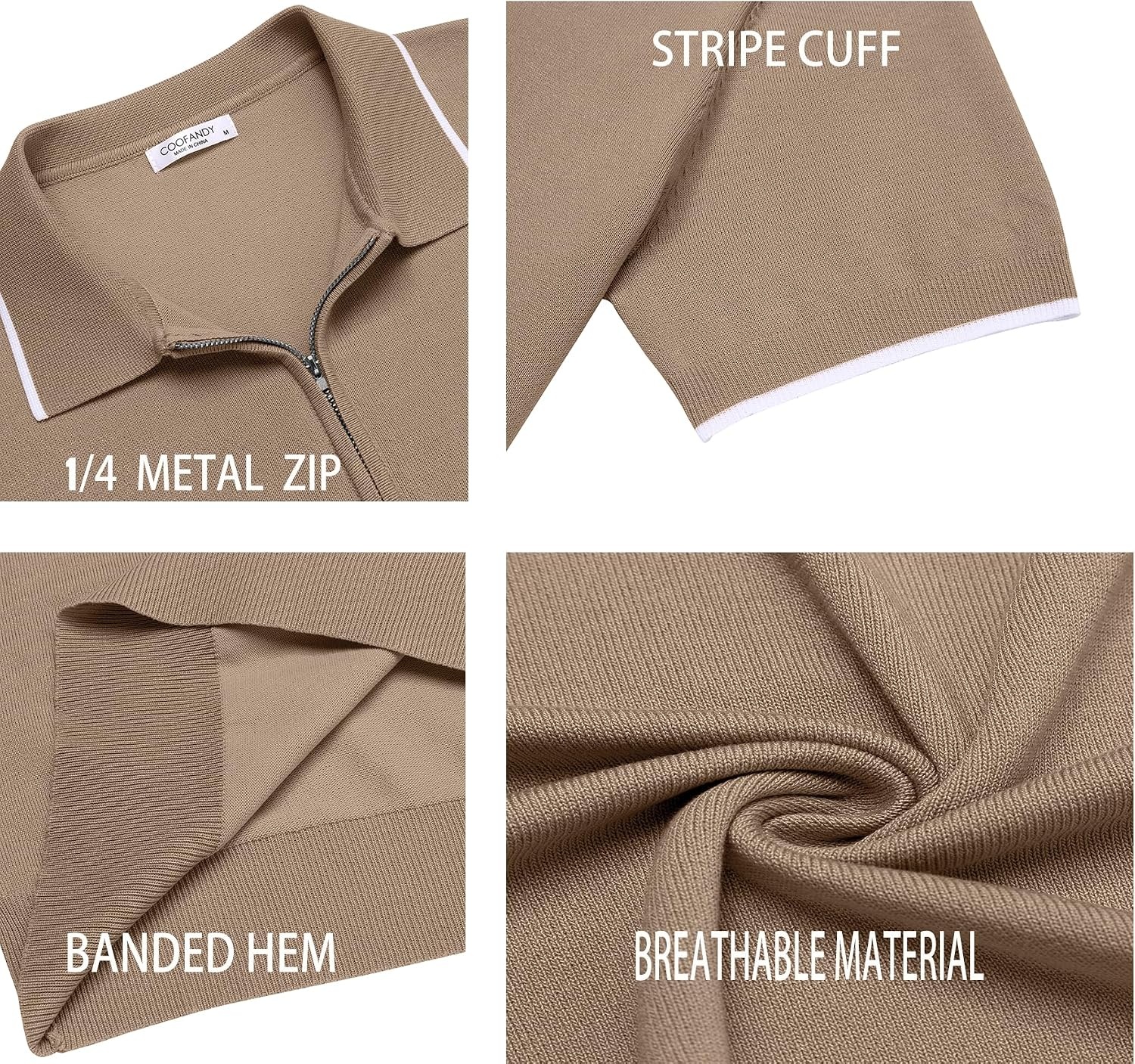 image:imageCOOFANDY Mens Zipper Polo Shirt Casual Knit Short Sleeve Polo Golf T Shirt1khaki